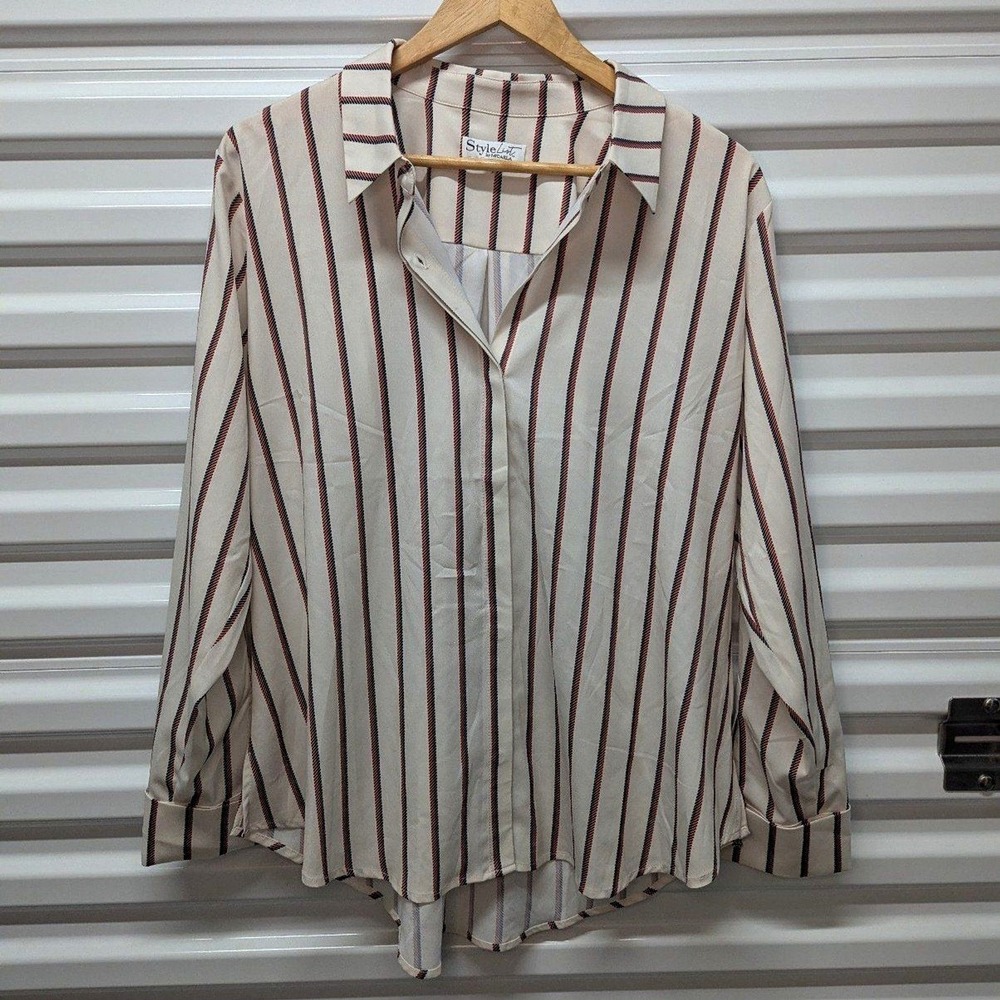 Coastal Preppy Stripe Button Up Blouse Style list By Micaela Medium Career Top